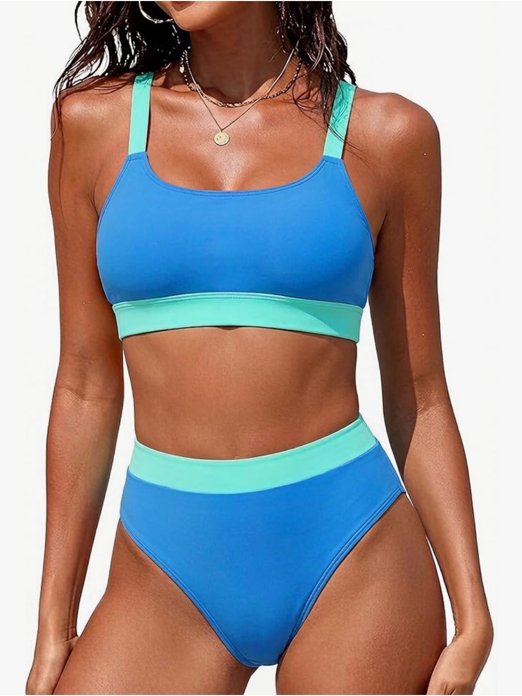 Blue And Mint Two-Tone High-Waist Bikini Set - Women Swim